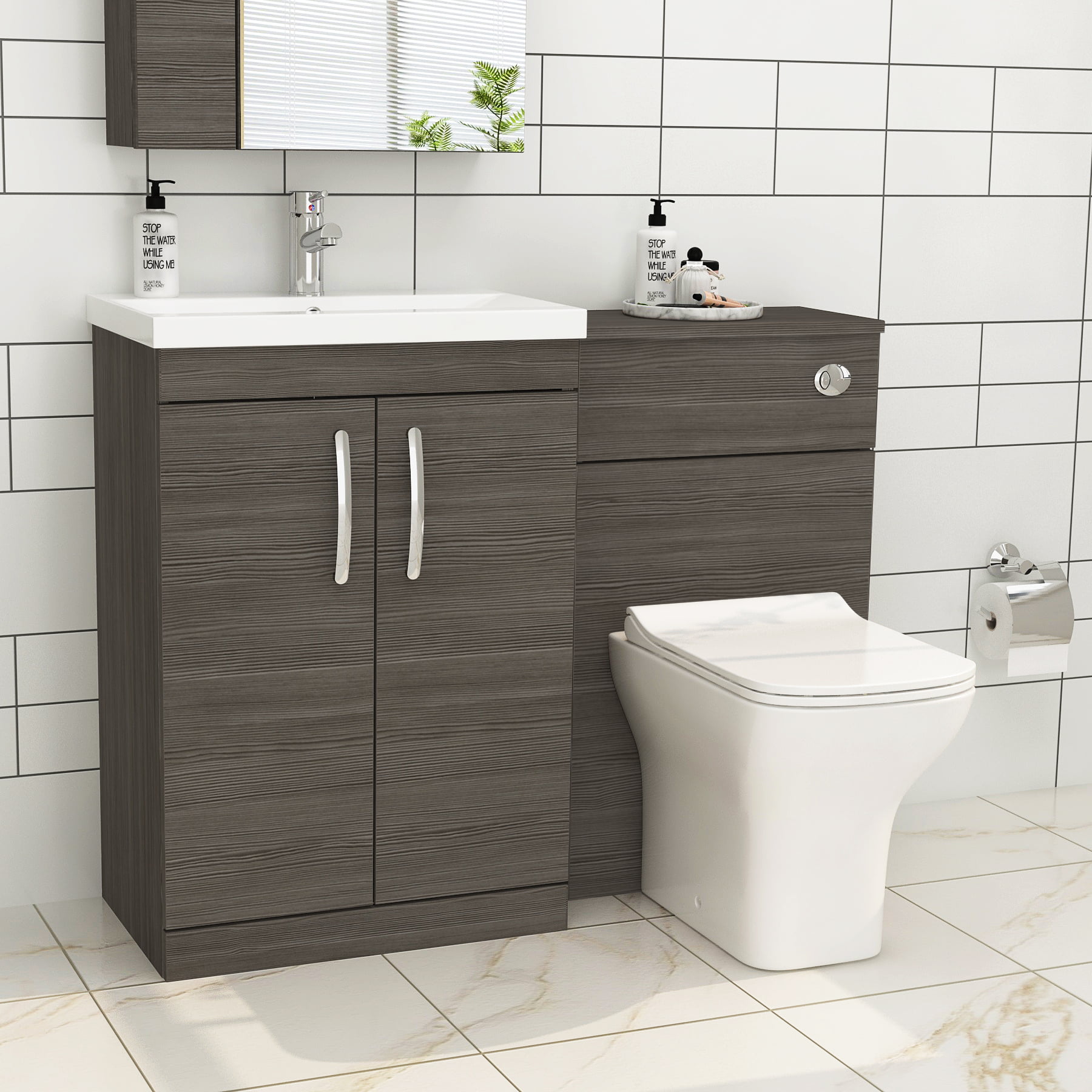 Turin 1100mm Grey Elm 2-Doors Mid-Edge Basin With Crosby Back To Wall Toilet Pack